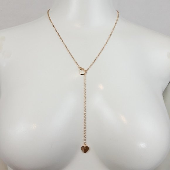Double Heart Lariat Dainty Gold Minimalist Necklace - Picture 2 of 8